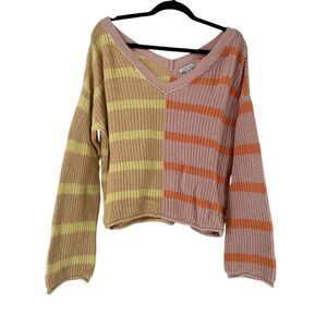 American Eagle Oversized Sweater V Neck Size M Colorful Striped 100% Cotton Fun